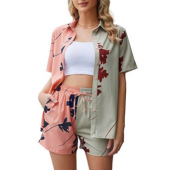 Women's Color Block Print 2 pc Outfit, Short Sleeve Button Down Shirt and Shorts Set for Vacation