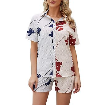 Women's Color Block Print 2 pc Outfit, Short Sleeve Button Down Shirt and Shorts Set for Vacation