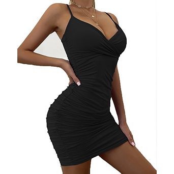 Women's Spaghetti Strap Cross Wrap Ruched Mini Dress Bodycon Club Dress