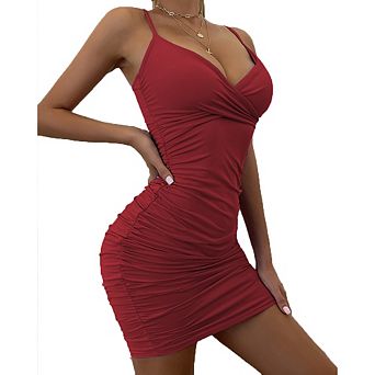 Women's Spaghetti Strap Cross Wrap Ruched Mini Dress Bodycon Club Dress
