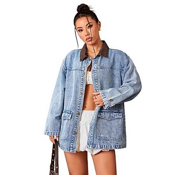 Women Oversized Denim Jacket, Contrast Collar Button Down Jacket Casual Long Sleeve with Pockets