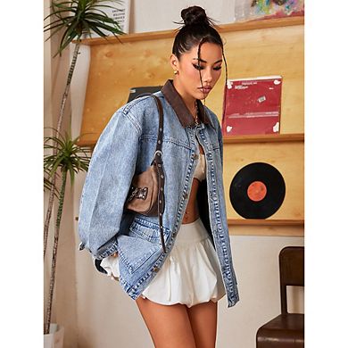 Women Oversized Denim Jacket, Contrast Collar Button Down Jacket Casual Long Sleeve with Pockets