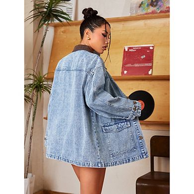 Women Oversized Denim Jacket, Contrast Collar Button Down Jacket Casual Long Sleeve with Pockets