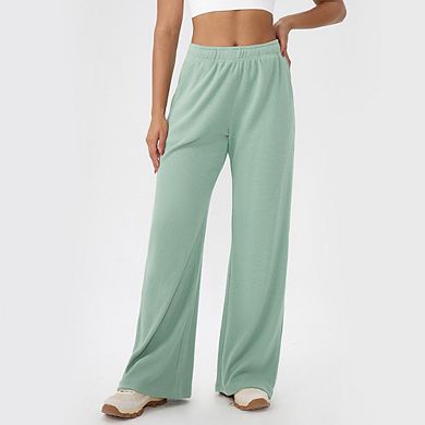 Waffle-Knit Wide-Leg Pants Elastic Waist Soft & Casual with Pockets