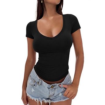 Women Y2K Short Sleeve Shirts V Neck Slim Fit Basic Tees