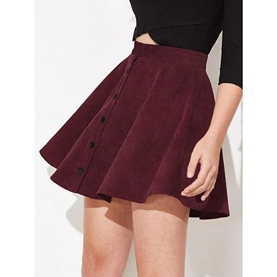 Women's Corduroy High-Waist Mini Skirt Button-Front A-Line with Pleated Flare