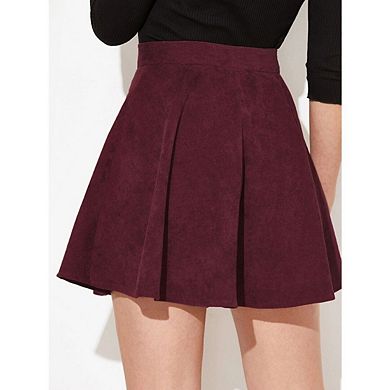 Women's Corduroy High-Waist Mini Skirt Button-Front A-Line with Pleated Flare