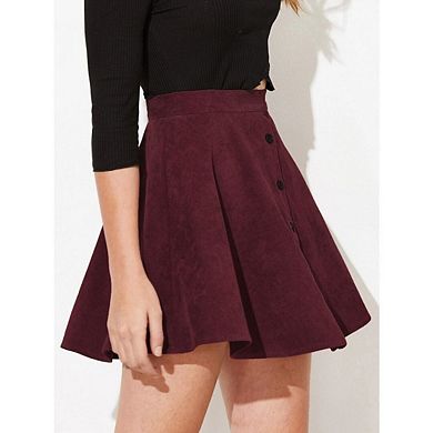 Women's Corduroy High-Waist Mini Skirt Button-Front A-Line with Pleated Flare