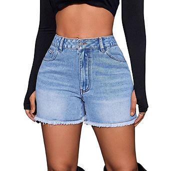 High-Waist Loose-Fit Denim Shorts Straight Leg with Frayed Hem