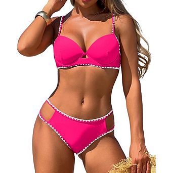 Women's 2 pc Bikini Set Scalloped Trim Front Cutout Side Cutout Bottoms Swimwear