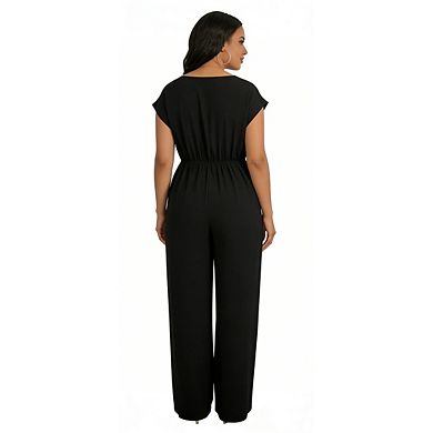 Summer Jumpsuits for Women Plus Size V Neck Short Sleeve Elastic Waist Wide Leg
