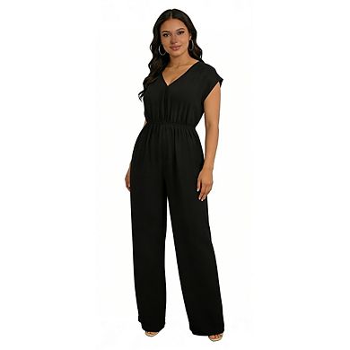 Summer Jumpsuits for Women Plus Size V Neck Short Sleeve Elastic Waist Wide Leg