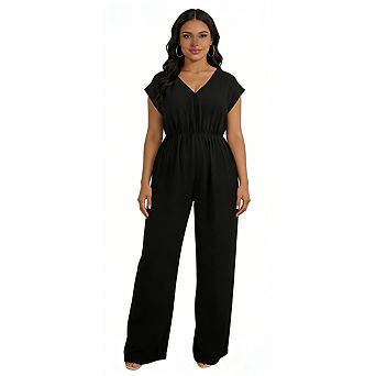 Summer Jumpsuits for Women Plus Size V Neck Short Sleeve Elastic Waist Wide Leg