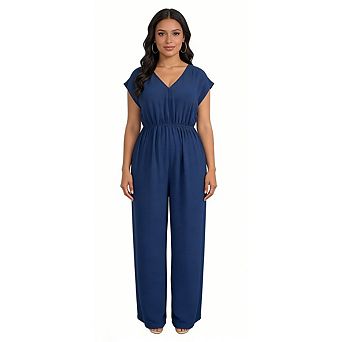 Summer Jumpsuits for Women Plus Size V Neck Short Sleeve Elastic Waist Wide Leg
