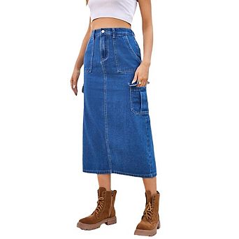 High-Waist Elastic Hem A-Line Maxi Skirt Long Denim Jean Style with Pockets