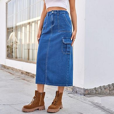 High-Waist Elastic Hem A-Line Maxi Skirt Long Denim Jean Style with Pockets