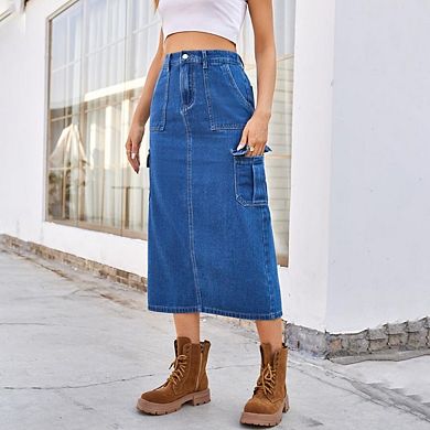 High-Waist Elastic Hem A-Line Maxi Skirt Long Denim Jean Style with Pockets