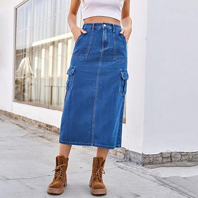 High-Waist Elastic Hem A-Line Maxi Skirt Long Denim Jean Style with Pockets