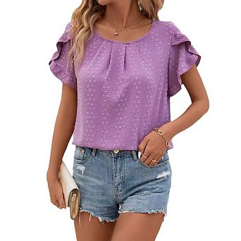 Seoria Womens Short Sleeve Ruffle Sleeve Tops Crew Neck Casual Textured Blouses
