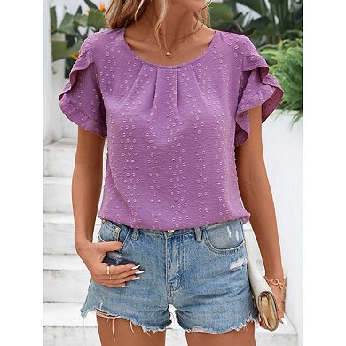Seoria Womens Short Sleeve Ruffle Sleeve Tops Crew Neck Casual Textured Blouses