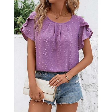 Seoria Womens Short Sleeve Ruffle Sleeve Tops Crew Neck Casual Textured Blouses