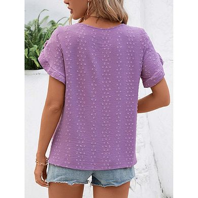 Seoria Womens Short Sleeve Ruffle Sleeve Tops Crew Neck Casual Textured Blouses
