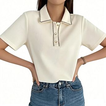 Women's Summer Waffle Knit Polo Casual Shirt Short Sleeve Pearl Button Loose Fit Top Boho Blouse