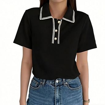 Women's Summer Waffle Knit Polo Casual Shirt Short Sleeve Pearl Button Loose Fit Top Boho Blouse