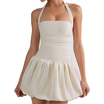 Women's Halter Neck Strapless Puff Ball Mini Dress Bubble Hem Party Dress