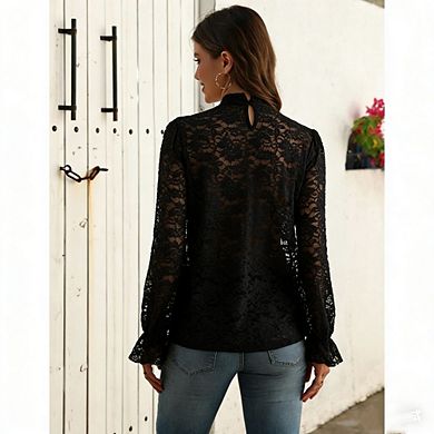 Women Mesh Long Sleeve Blouses Lace See Through Mock Neck Floral Embroidery Shirt