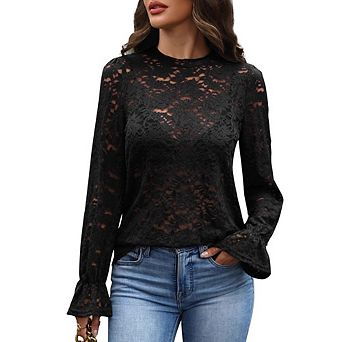 Women Mesh Long Sleeve Blouses Lace See Through Mock Neck Floral Embroidery Shirt