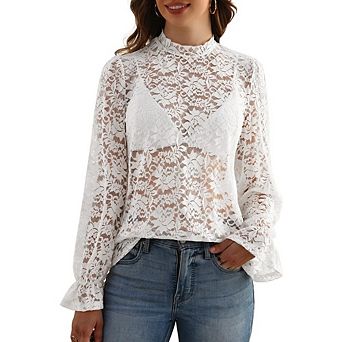Women Mesh Long Sleeve Blouses Lace See Through Mock Neck Floral Embroidery Shirt