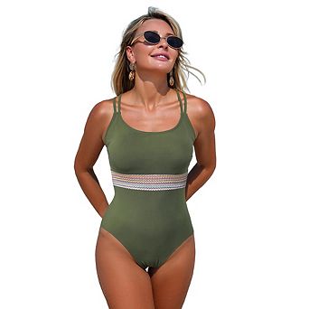 Wavy Waistband One Piece Swimsuit Double Strap Bathing Suit