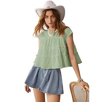 Seoria Womens Sleeveless Ruffle Tiered Crop Top Casual Loose Fit Babydoll Blouse