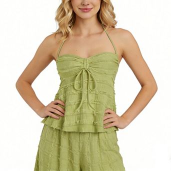 Women's Textured Halter Smocked Ruched Summer Shirt Tie Drawstring Adjustable Strap A Line Cami Top