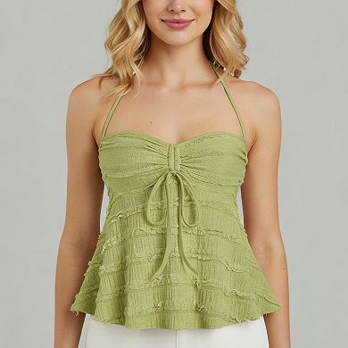Women's Textured Halter Smocked Ruched Summer Shirt Tie Drawstring Adjustable Strap A Line Cami Top
