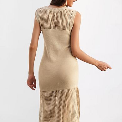 Women's Sleeveless Openwork Knit Fringe Mini Dress Beach Cover-Up Dress