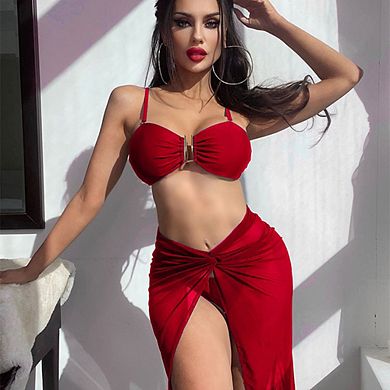 Metal Buckle Bandeau Bikini Set with Twist Wrap Skirt Cover Up