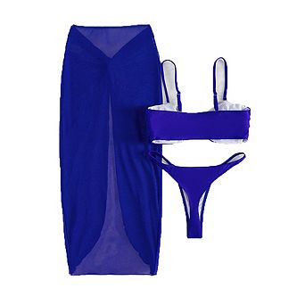 Metal Buckle Bandeau Bikini Set with Twist Wrap Skirt Cover Up