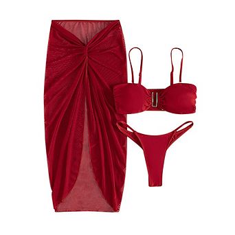 Metal Buckle Bandeau Bikini Set with Twist Wrap Skirt Cover Up