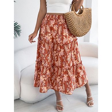 Women's Boho Print Midi Skirt Elastic Waist A-Line Ruffle for Summer Beach Style