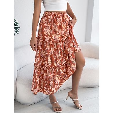 Women's Boho Print Midi Skirt Elastic Waist A-Line Ruffle for Summer Beach Style