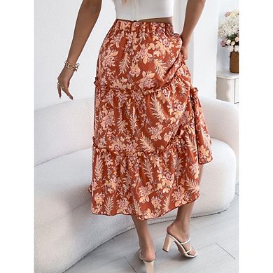 Women's Boho Print Midi Skirt Elastic Waist A-Line Ruffle for Summer Beach Style