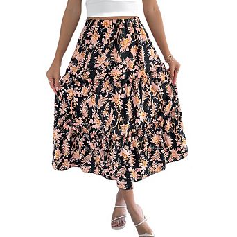 Women's Boho Print Midi Skirt Elastic Waist A-Line Ruffle for Summer Beach Style