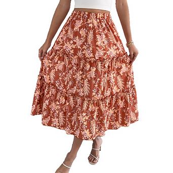 Women's Boho Print Midi Skirt Elastic Waist A-Line Ruffle for Summer Beach Style