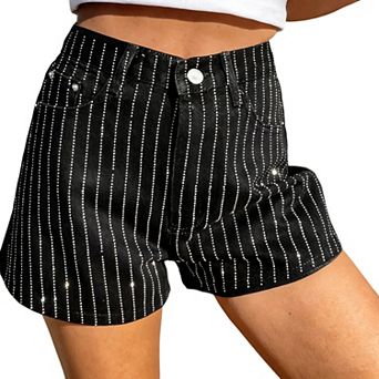 Women High Waisted Rhinestone Striped Denim Shorts Loose Fit Jean Shorts For Summer Casual Party