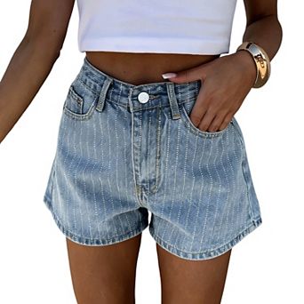 Women High Waisted Rhinestone Striped Denim Shorts Loose Fit Jean Shorts For Summer Casual Party