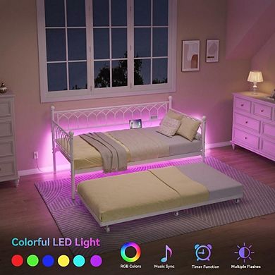 Metal Daybed with Trundle LED Lights and Charging Station Sofa Bed Frame
