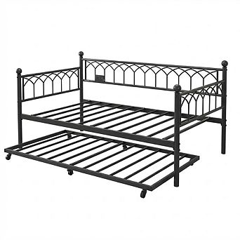 Metal Daybed with Trundle LED Lights and Charging Station Sofa Bed Frame