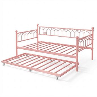 Metal Daybed with Trundle LED Lights and Charging Station Sofa Bed Frame